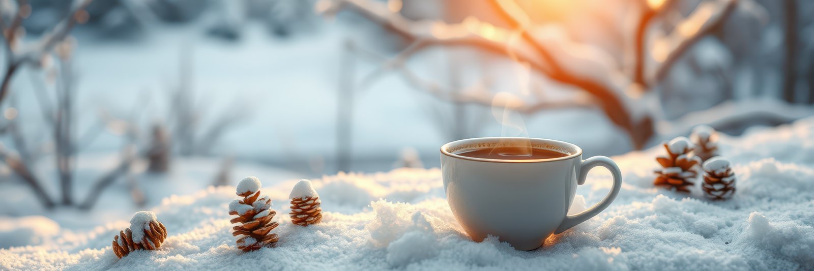 Warm cup of coffee on a snowy landscape during winter morning light